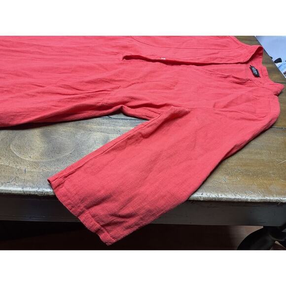 Francesca Bettini Dress Small Red Linen Blend Italy 3/4 Roll Tab Sleeve Boho - Picture 8 of 14